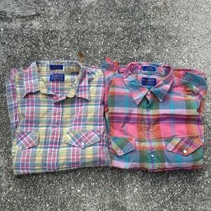 2 Vtg Pendleton Mens XL Western Pearl Snap Cotton Plaid Shirts Bundle